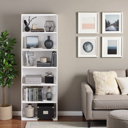 White Wooden Book Shelf with Six Tiers of Wooden Shelves for Home Storage