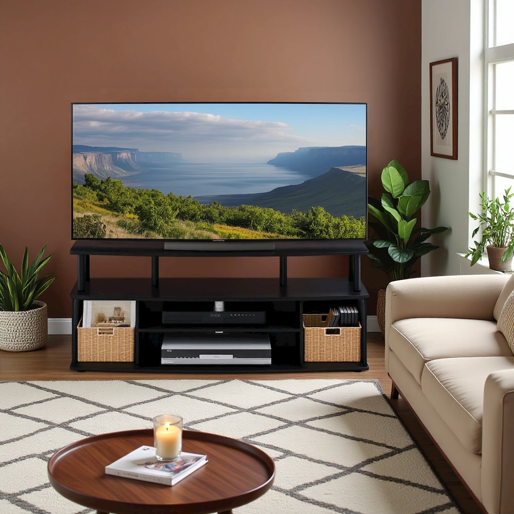 Black TV Stand with 3 Open Shelves, 2 Cabinets, for Up to 55 Inch TV