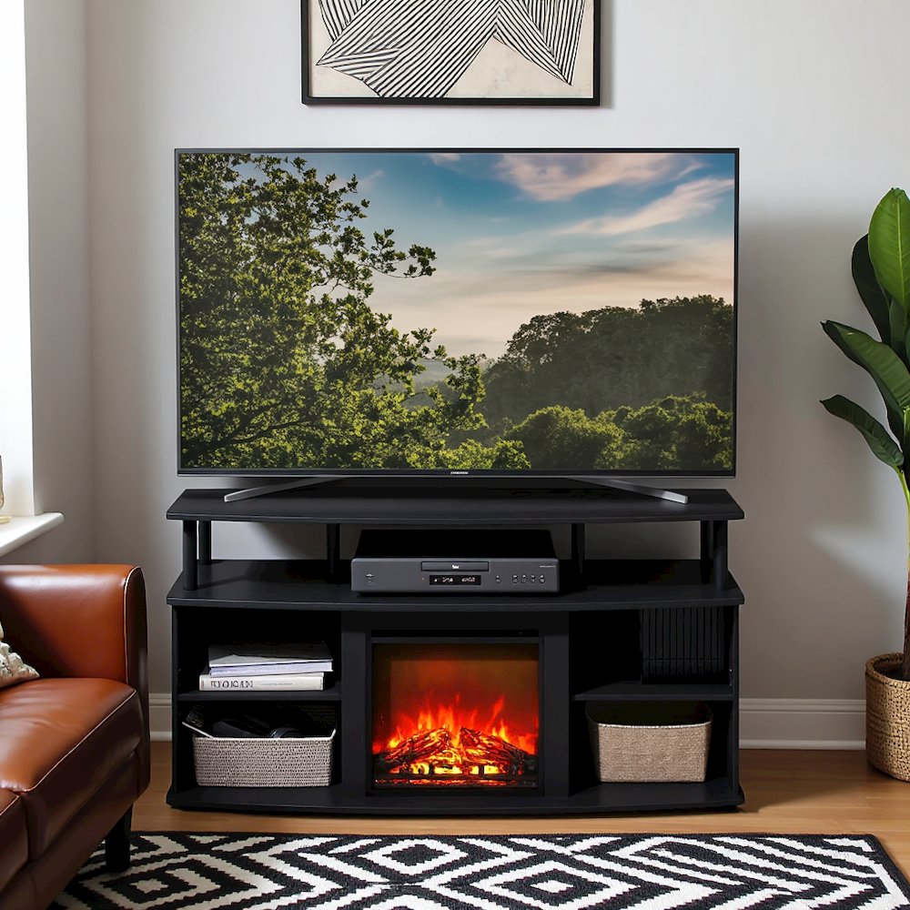 Black Fireplace TV Stand,Four Shelves for 55 Inch Displays and Media Storage