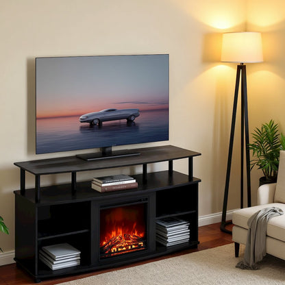 Black Fireplace TV Stand,Four Shelves for 55 Inch Displays and Media Storage