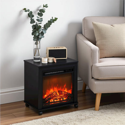 Black Electric Fireplace End Table with Heater for Indoor Use on Wheels