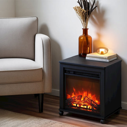 Black Electric Fireplace End Table with Heater for Indoor Use on Wheels