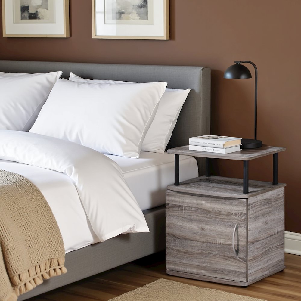 Brown Wooden Night Stand Set 2 with Open Shelf and Closed Storage Cabinet