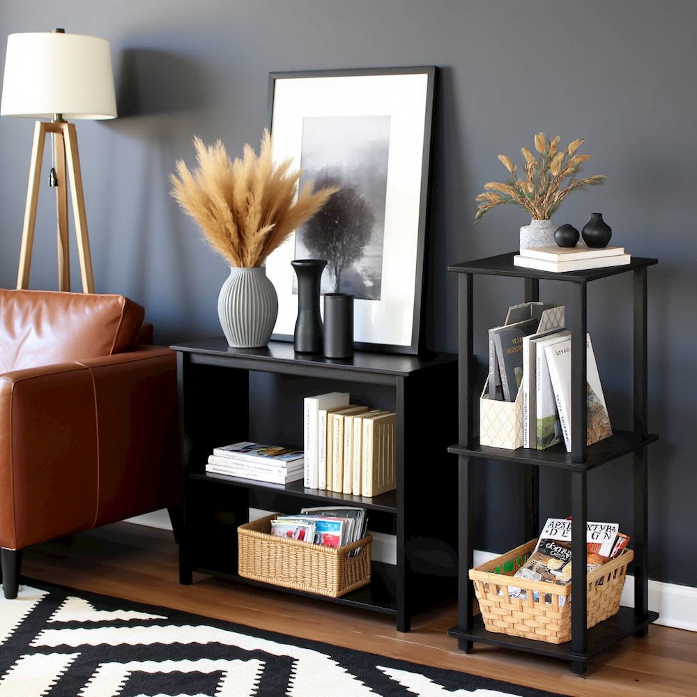 Black Wooden End Tables Set of 2 with Two-Tier Storage for Living Room