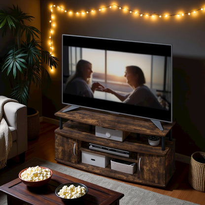 Brown Wooden TV Stand with 3 Open Shelves and Dual Door Storage TV Console
