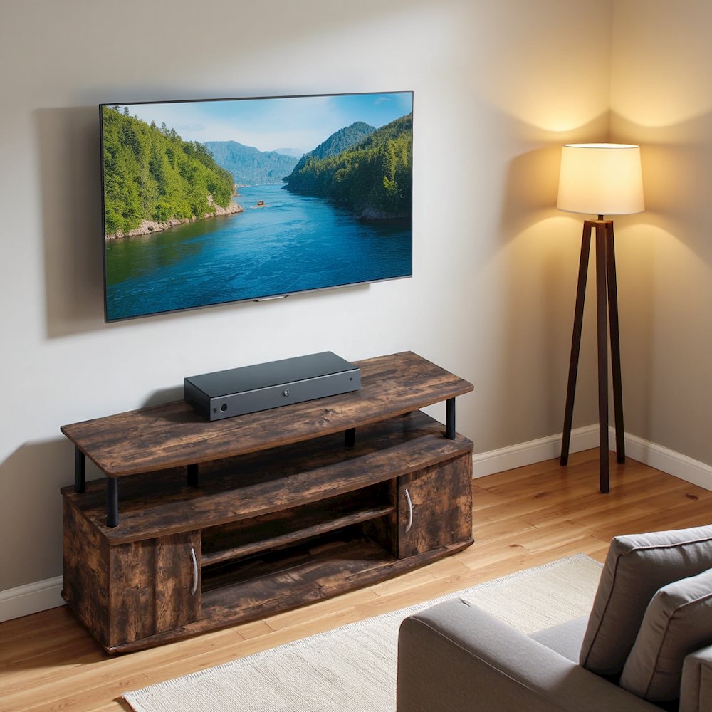 Brown Wooden TV Stand with 3 Open Shelves and Dual Door Storage TV Console