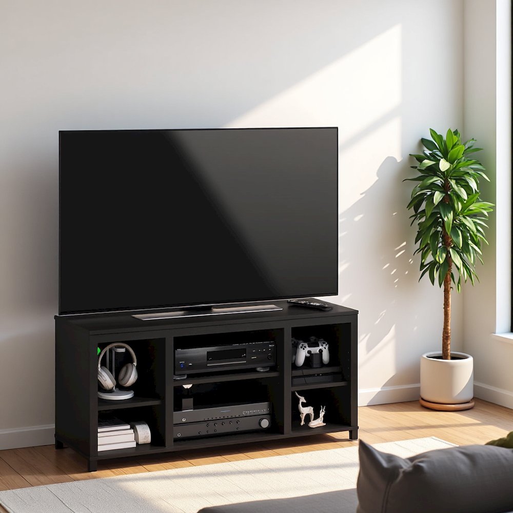 Black 55 Inch TV Stand with Open Shelves and Dual Storage Cabinet Doors