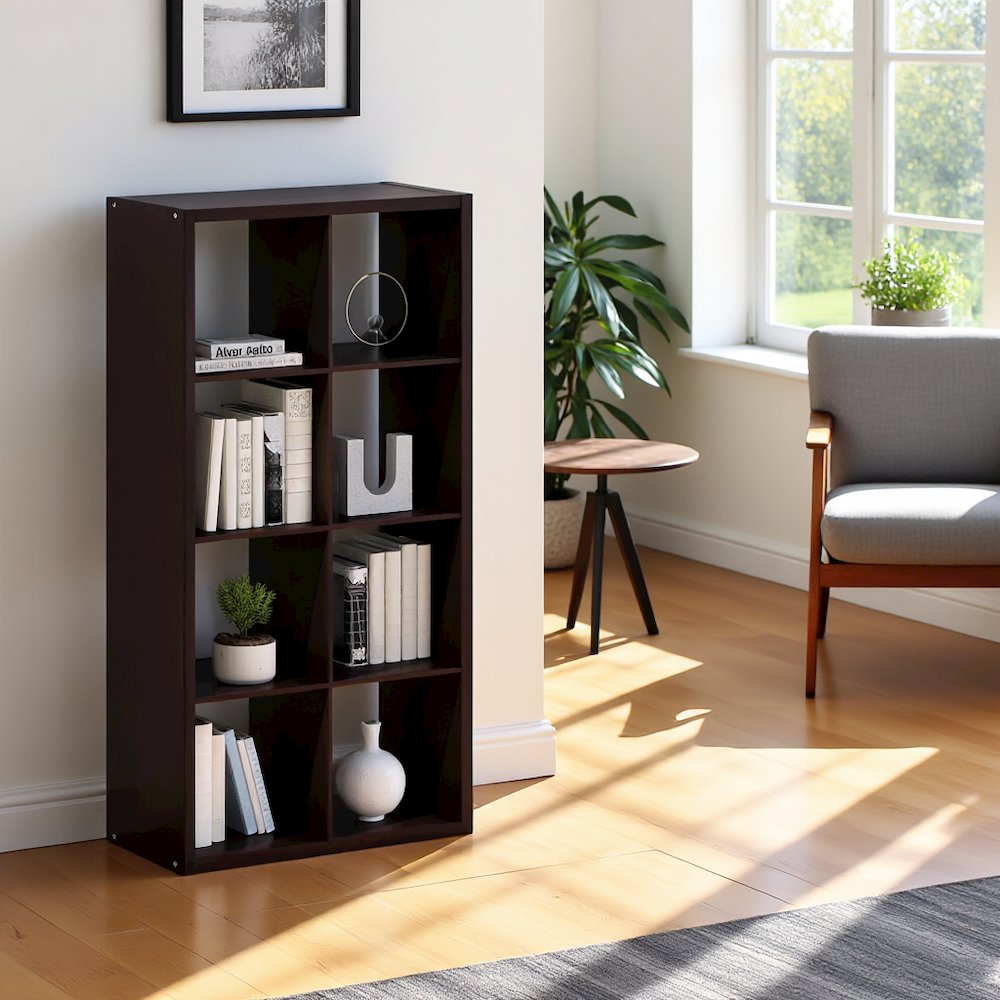Black Wood 8 Cube Storage Organizer with Open Back Display Shelves