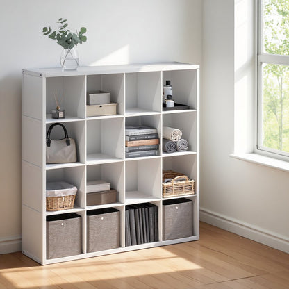 White Engineered Wood 16 Cube Storage Organizer with Open Back Shelves