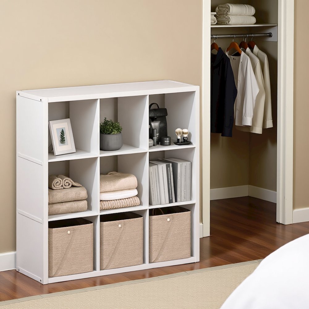 White Engineered Wood Cube Storage Organizer with 9 Open Storage Cubes