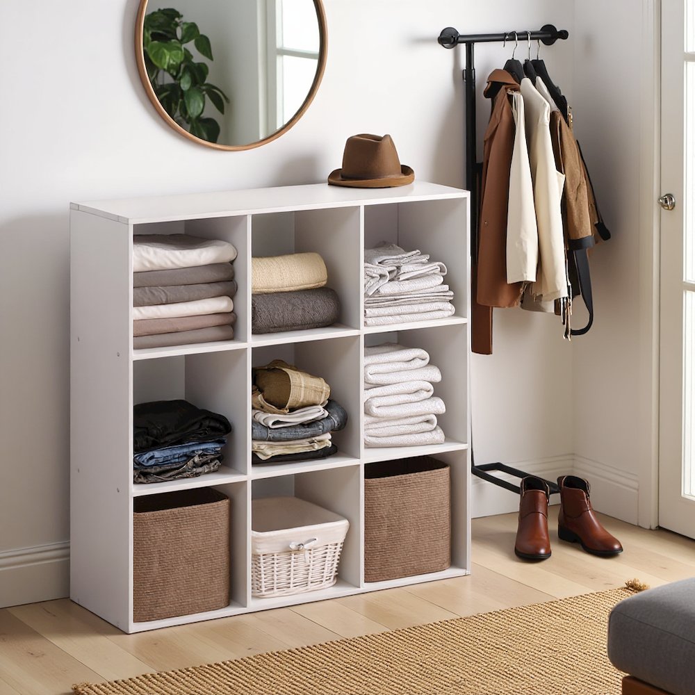 White Engineered Wood 9 Cube Storage Organizer with Modern Storage Cubes