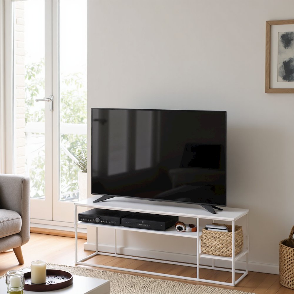 White 65 Inch Entertainment Center with Metal Frame and Open Shelf TV Console