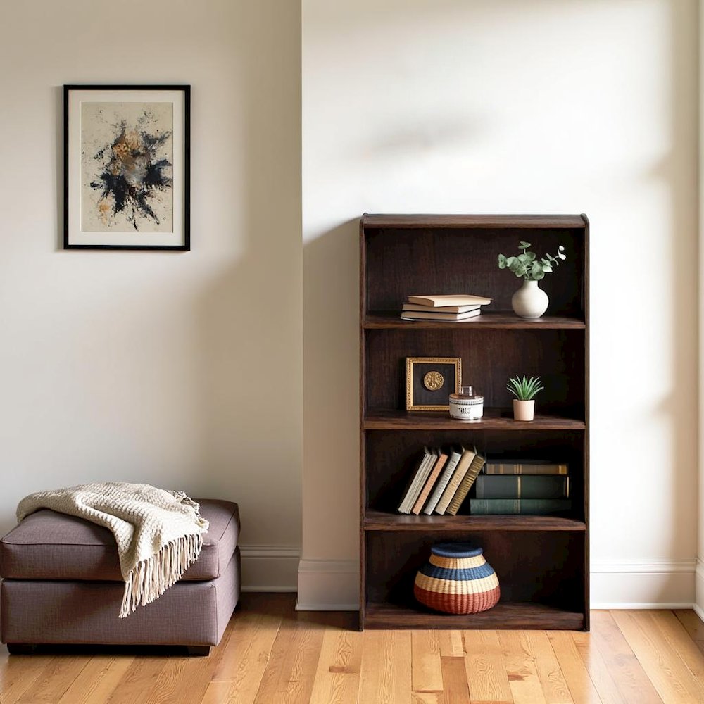 Brown Wooden Book Shelf with Four Tiers of Wooden Shelves for Stylish Display