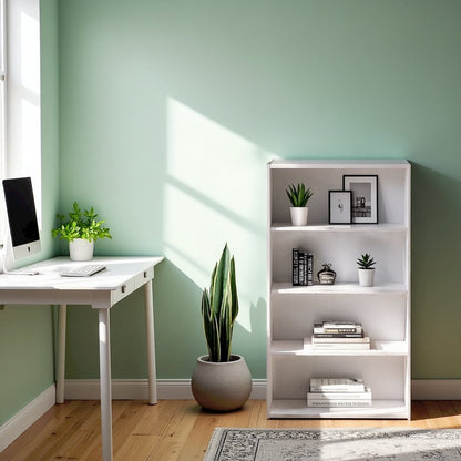 White Wooden Book Shelf with Four Open Wooden Shelves for Modern Interiors