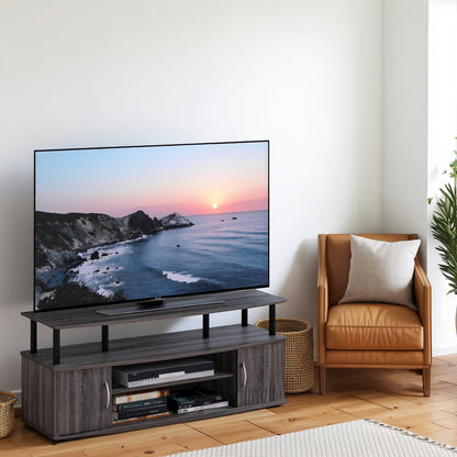 Grey 50 Inch TV Stand,Three Open Shelves and Two-Door Storage Modern TV Console