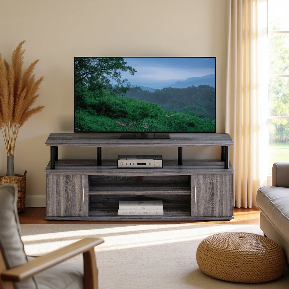 Grey 50 Inch TV Stand,Three Open Shelves and Two-Door Storage Modern TV Console