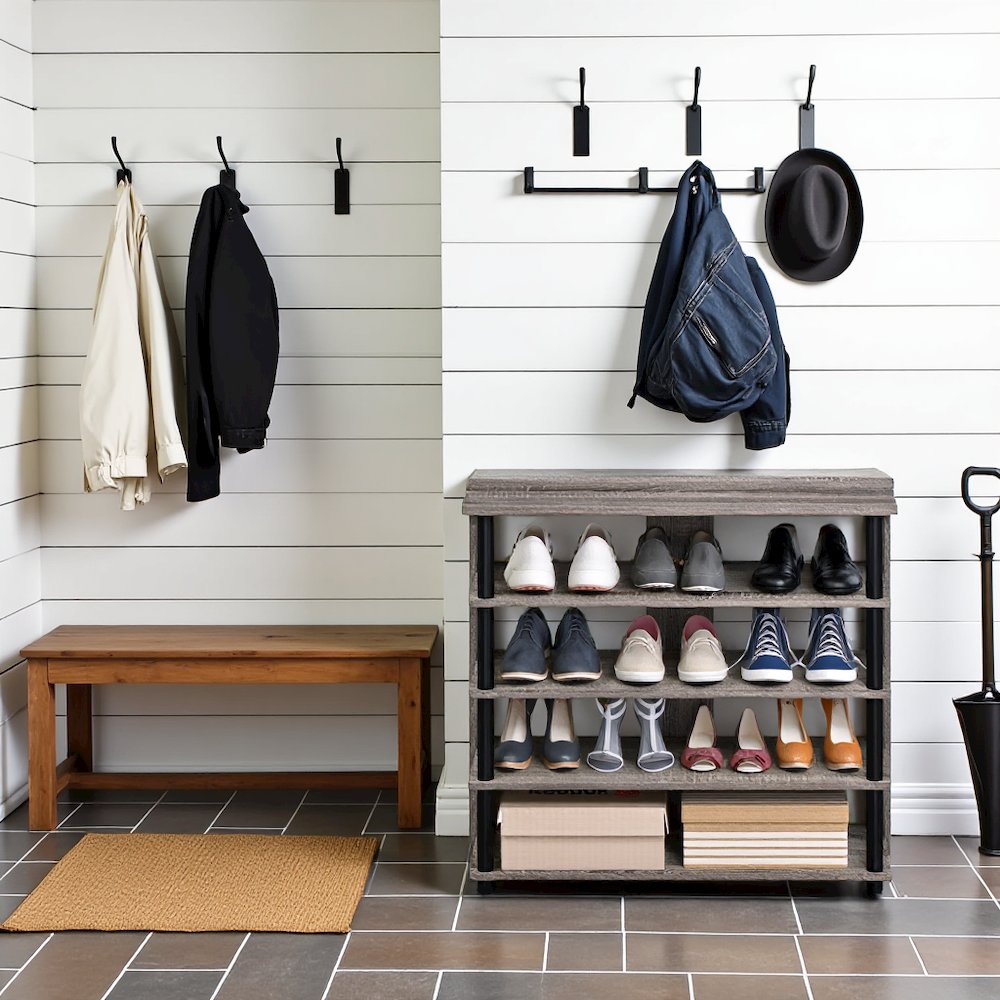 Grey Wooden 5-Tier Shoe Rack Organizer for Entryway and Home Storage