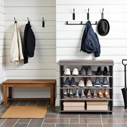 Grey Wooden 5-Tier Shoe Rack Organizer for Entryway and Home Storage