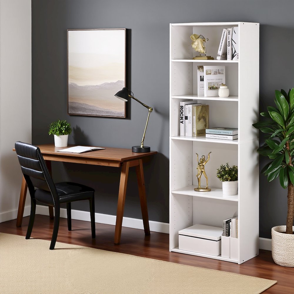White Wooden Book Shelf with Five Tiers of Wooden Shelves for Home Storage
