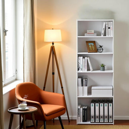 White Wooden Book Shelf with Five Tiers of Wooden Shelves for Home Storage