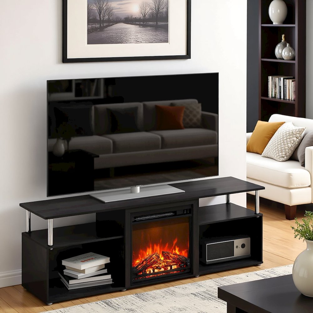 Black 70 Inch Fireplace TV Stand with Four Shelves and Elegant Electric Insert