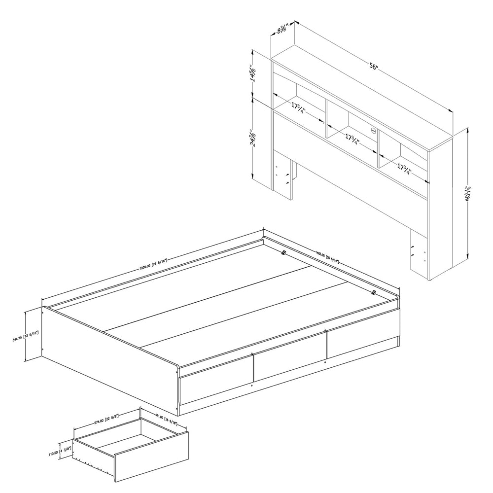 South Shore Step One Full Size Mates Bed with Drawers and Bookcase Headboard (54'') Set, Pure White