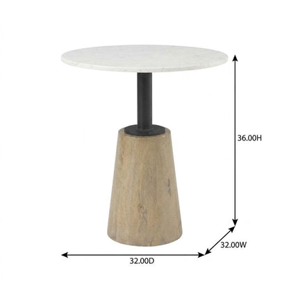 Round marble tabletop with blonde wood and black metal base bistro table