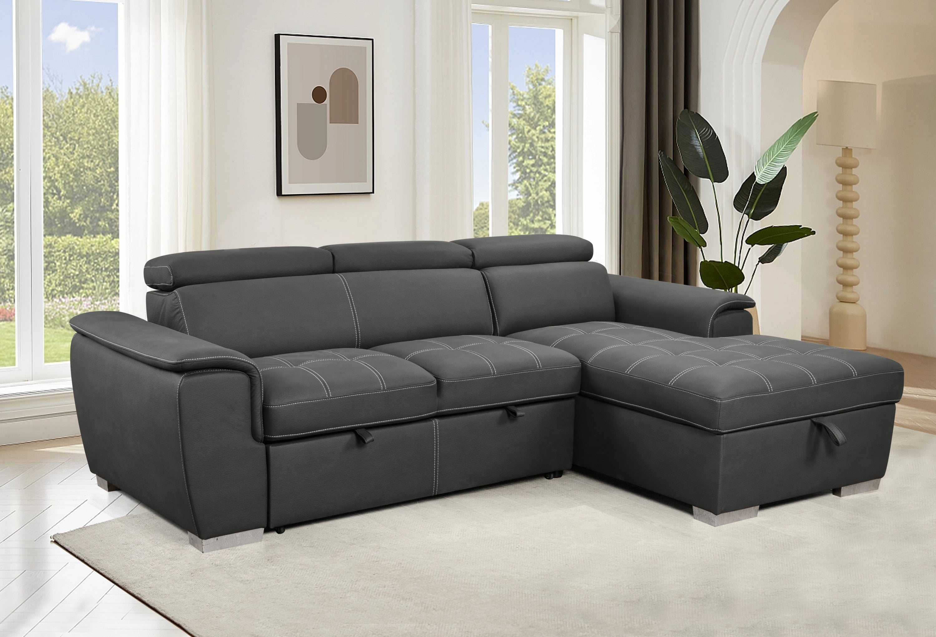 97 inch Convertible Sectional Sofa with Storage Chaise, Adjustable Headrests, Contemporary L-shaped Sleeper Corner Sectional Sofa with a Pull-Out Bed ,Gray