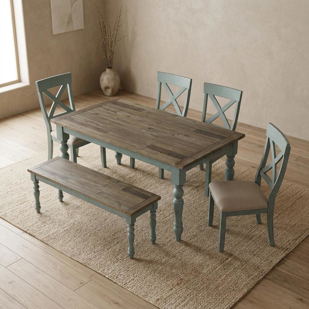 6-Piece Dining Table Set with Cross Back Chairs and Bench in Elegant Finish