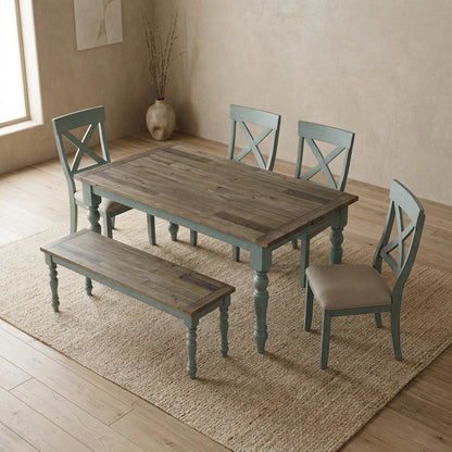 6-Piece Dining Table Set with Cross Back Chairs and Bench in Elegant Finish