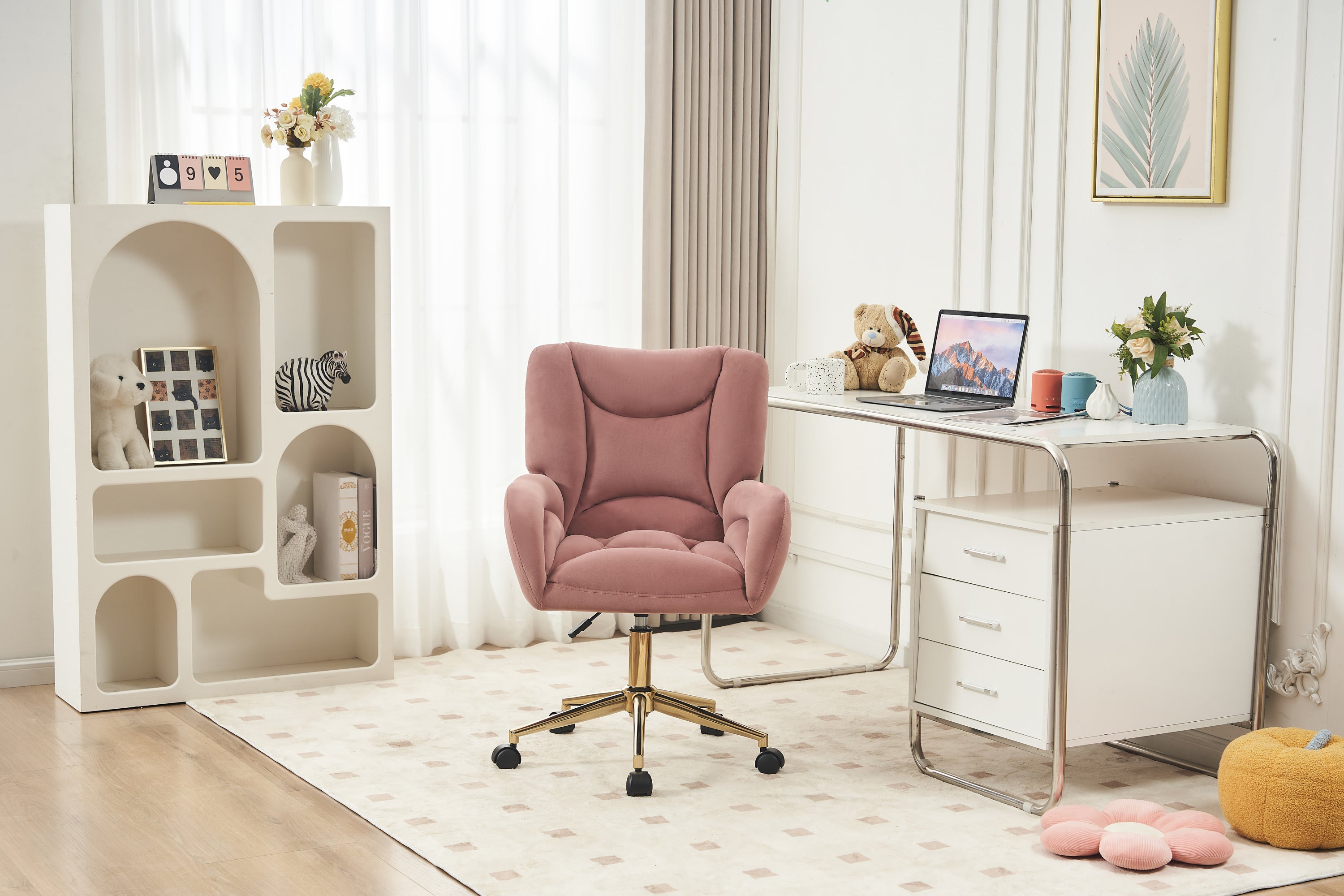 005-Velvet Fabric 360 Swivel Home Office Chair With Gold Metal Base And Universal Wheels,Pink