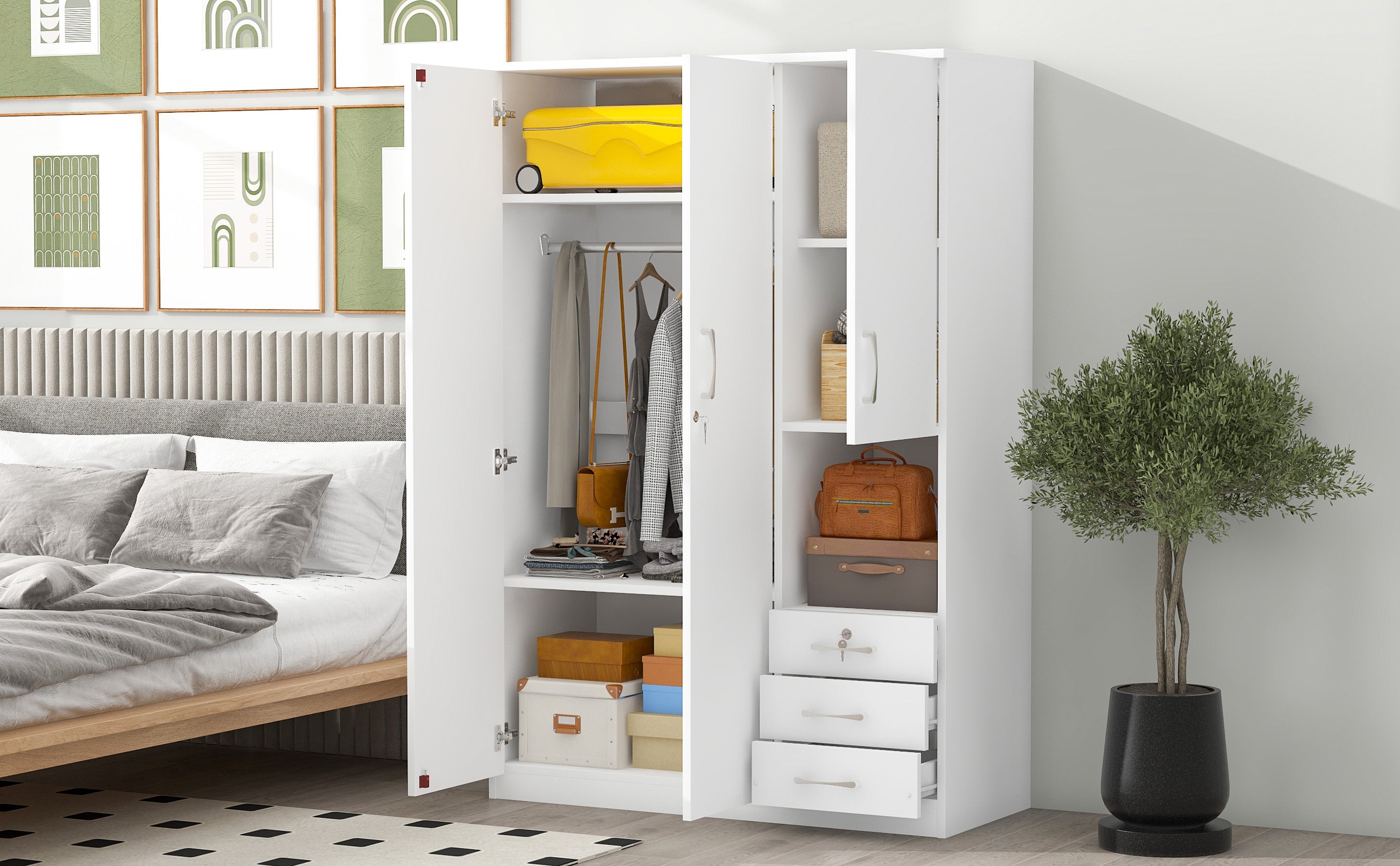 2-Doors Wooden Wardrobe Storage for Bedroom, with Shelves and 3 Drawers, White