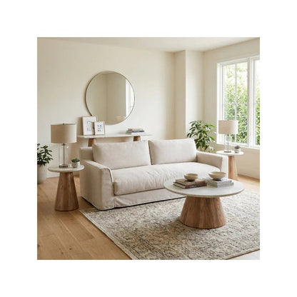 Caldera Side Table in White Travertine and Light Oak