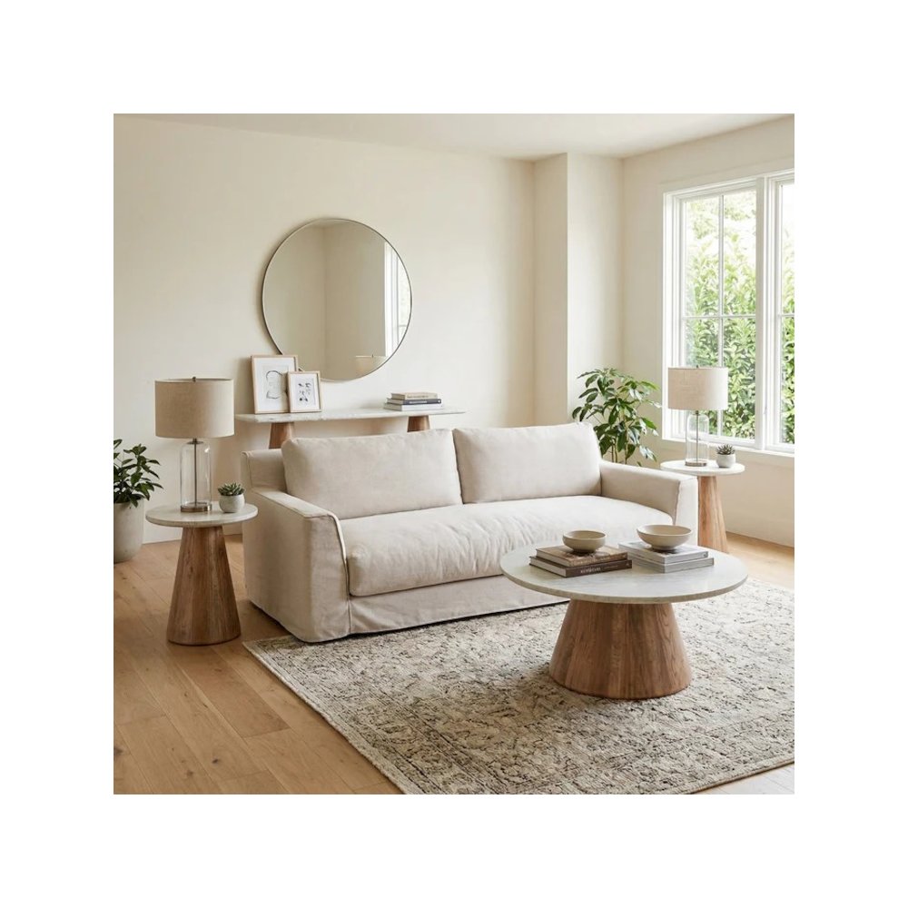 Caldera Side Table in White Travertine and Light Oak