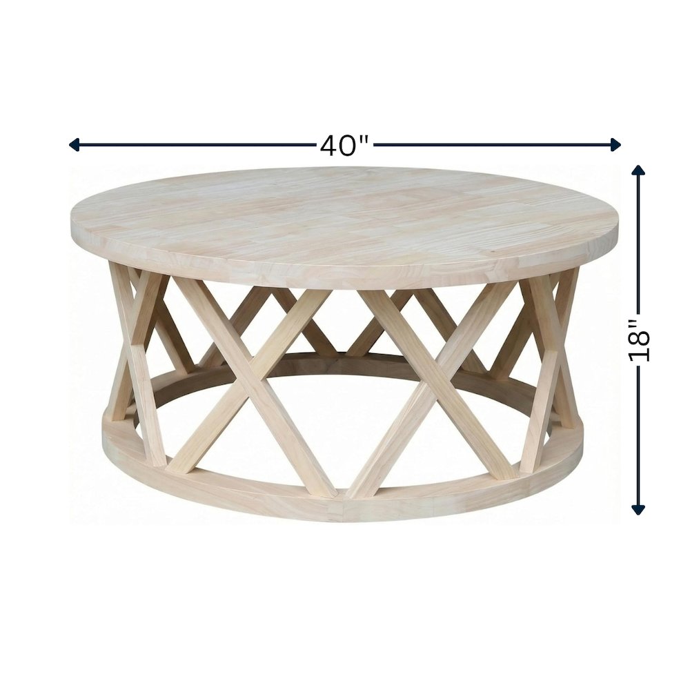 Unfinished Round Coffee Table with Parawood Construction and Sturdy Design