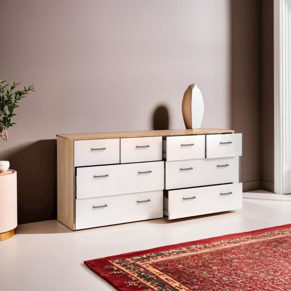 Elegant 8 Drawer Double Dresser with Oak Structure and White Accents