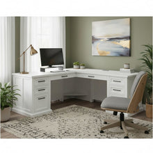 Wood L-Desk & Return, 6 Drawers, 2 Locking Files, Power Center, White