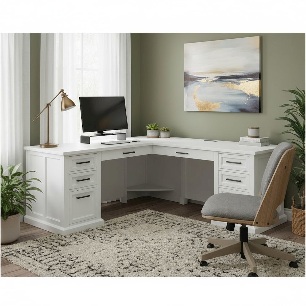 Wood L-Desk & Return, 6 Drawers, 2 Locking Files, Power Center, White