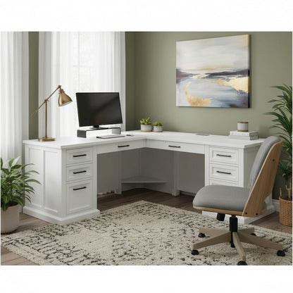 Wood L-Desk & Return, 6 Drawers, 2 Locking Files, Power Center, White