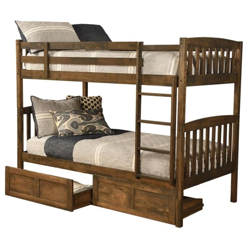 Claire Twin Wood Bunk Bed with Storage in Brown-Mattresses Not Included