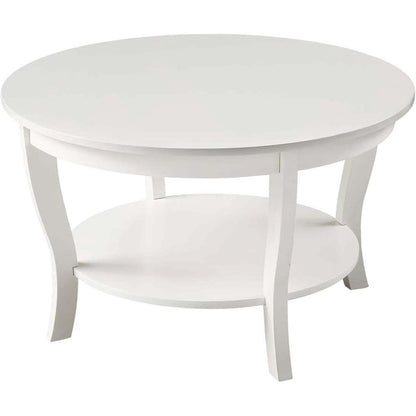 White Round Coffee Table with Shelf, MDF and Solid Rubberwood Construction
