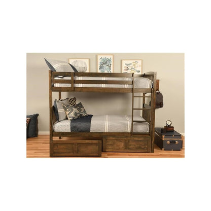 Claire Twin Wood Bunk Bed with Storage in Brown-Mattresses Not Included