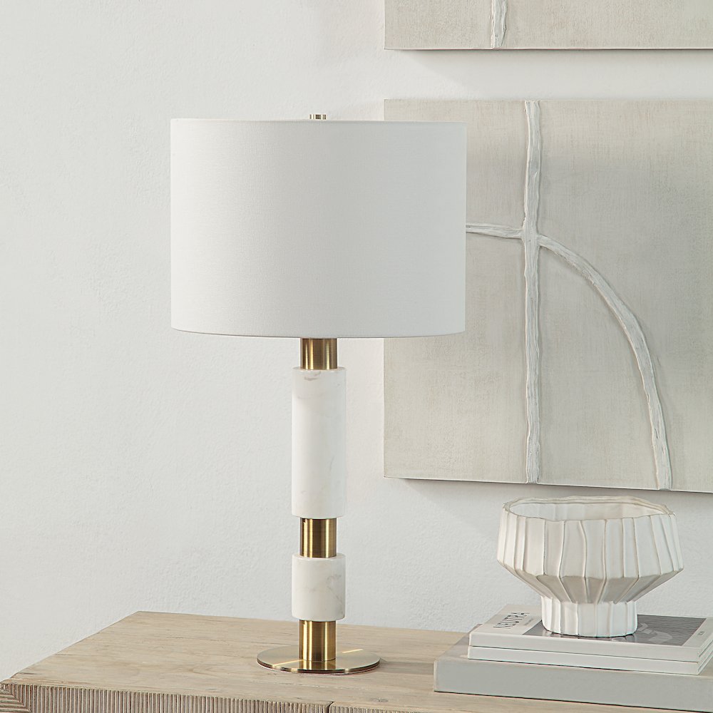 Pirot 27" Tall Antique Brushed Brass Iron Table Lamp With Tapered Linen Shade
