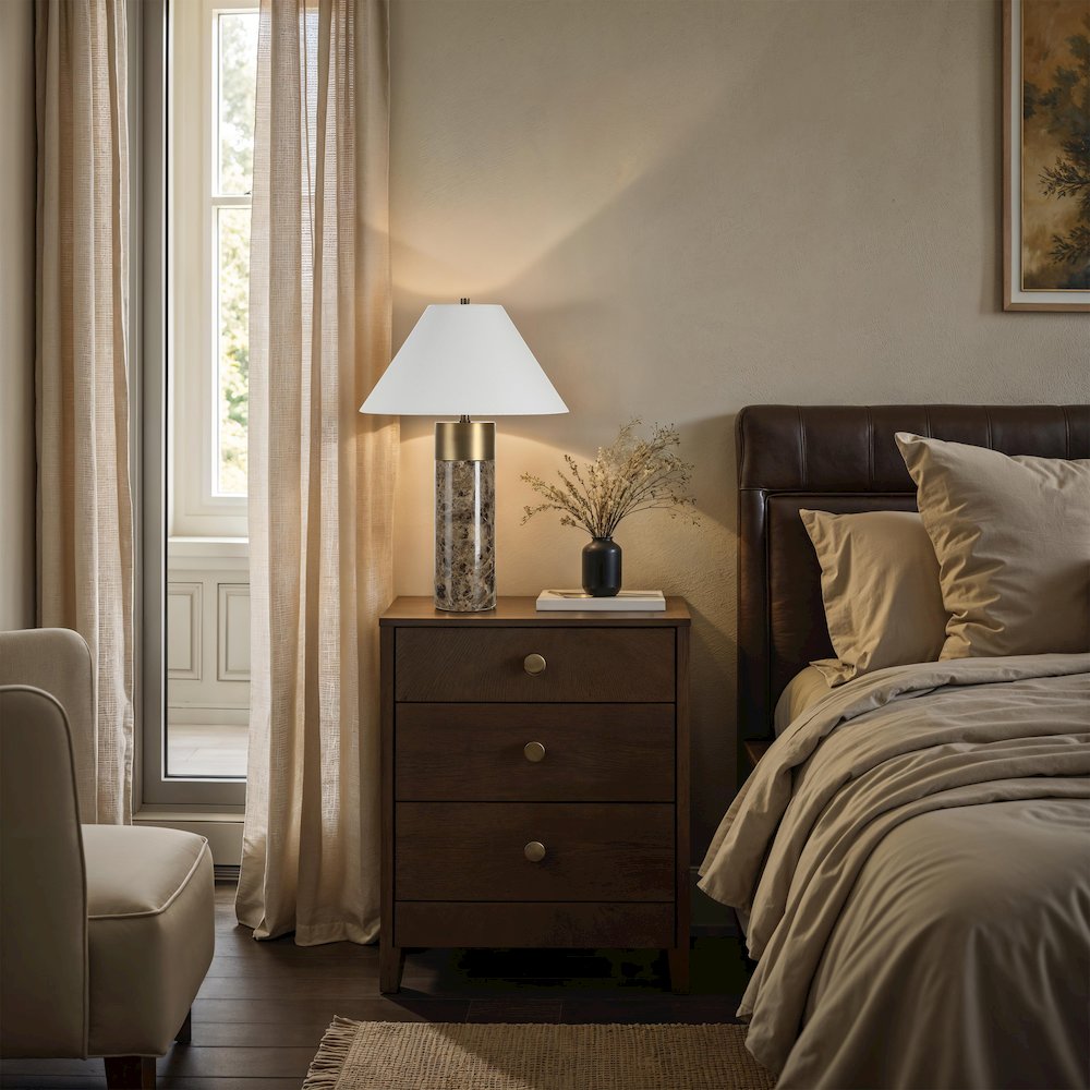 Aria 25" Tall Brown Emperador Marble Table Lamp with Tapered Linen Shade
