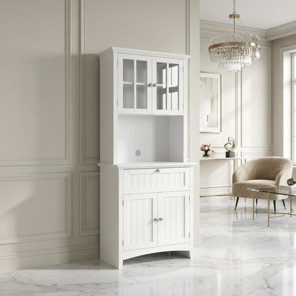 Metal and wood buffet with framed glass doors and drawer for stylish storage