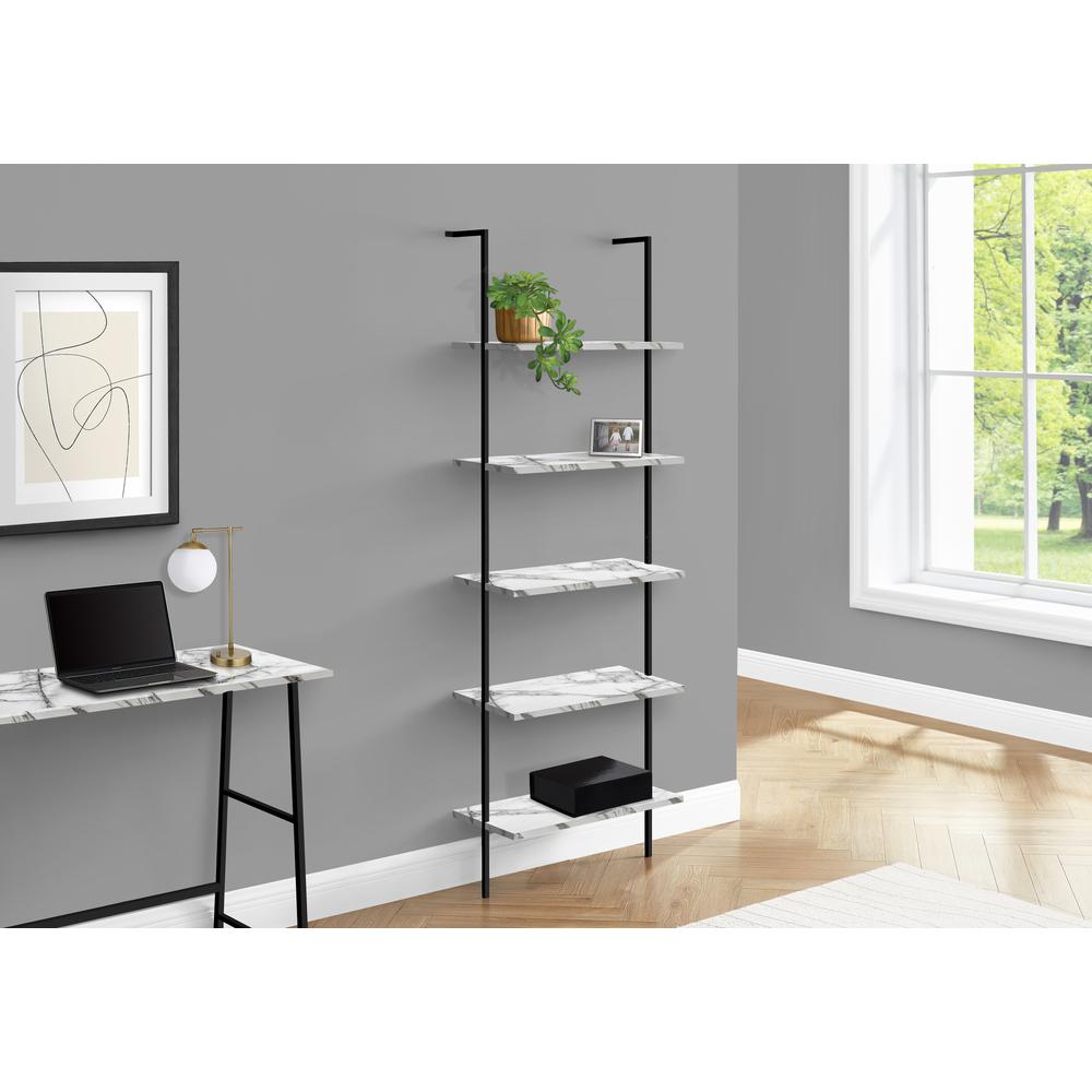 Bookshelf, Bookcase, Etagere, Ladder, 5 Tier, 72H, Office, Bedroom, White Marbl