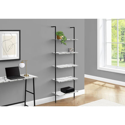 Bookshelf, Bookcase, Etagere, Ladder, 5 Tier, 72H, Office, Bedroom, White Marbl