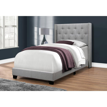 Bed, Twin Size, Teen, Upholstered, Grey Velvet, Chrome Trim, Transitional