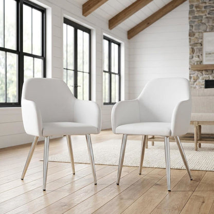 Leather-Look Upholstered Dining Chairs with Metal Legs, White, Set of 2