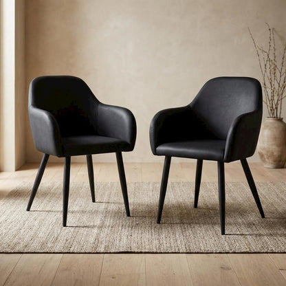 Leather-Look Upholstered Dining Chairs with Metal Legs, Black,Black, Set of 2